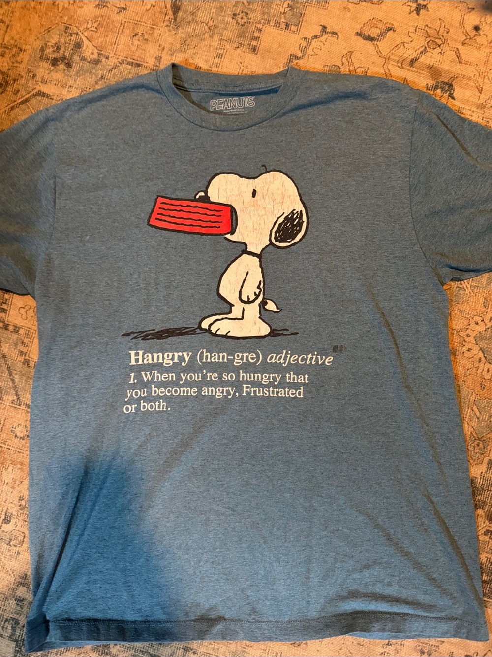 Peanuts Snoopy Hangry Graphic Dog Tee in Blue with Red Accent
